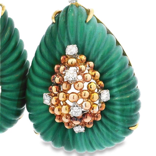 Vintage Italian 18k Gold Diamond & Carved Malachite Convertible Drop Earrings, 1970s, A Pair For Sale - Image 9 of 9