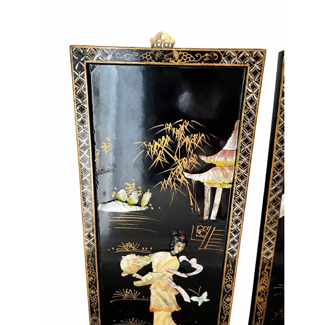 Black Late 20th Century Chinoiserie Black Lacquer & Mother-of-Pearl Relief Wall Panels — Set of 3 For Sale - Image 8 of 17