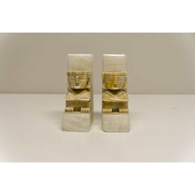 Mexican Mesoamerican Style Carved Onyx or Alabaster Bookends a Pair For Sale - Image 3 of 4