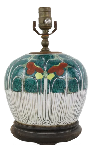 Antique Chinese Famille Rose Bok Choy Porcelain Table Lamp With Cabbage Leaf and Butterfly Motif