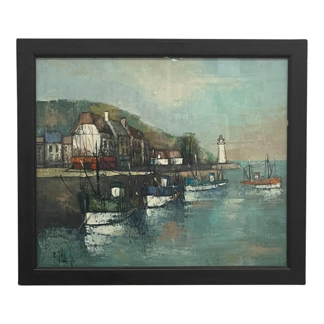 Vintage Mid-Century Coastal Harbor Painting With Lighthouse and Fishing Boats, Framed. For Sale