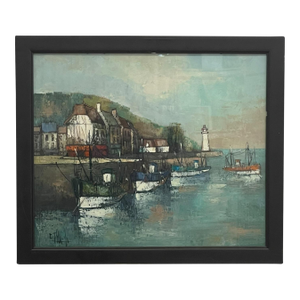 Vintage Mid-Century Coastal Harbor Painting With Lighthouse and Fishing Boats, Framed.