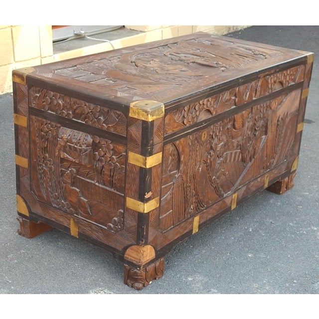 Brown 20th Century Chinese Carved Camphorwood Coffer With Brass Accents For Sale - Image 8 of 11