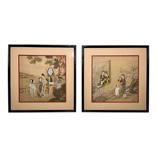 Pair of Antique Chinese Export Paintings Qing Court Figures Custom Framed For Sale