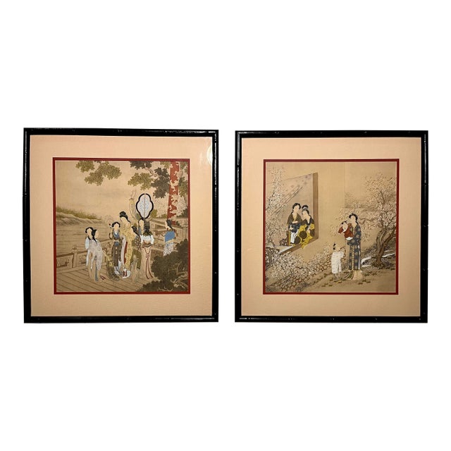 Pair of Antique Chinese Export Paintings Qing Court Figures Custom Framed For Sale