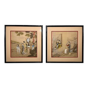 Pair of Antique Chinese Export Paintings Qing Court Figures Custom Framed