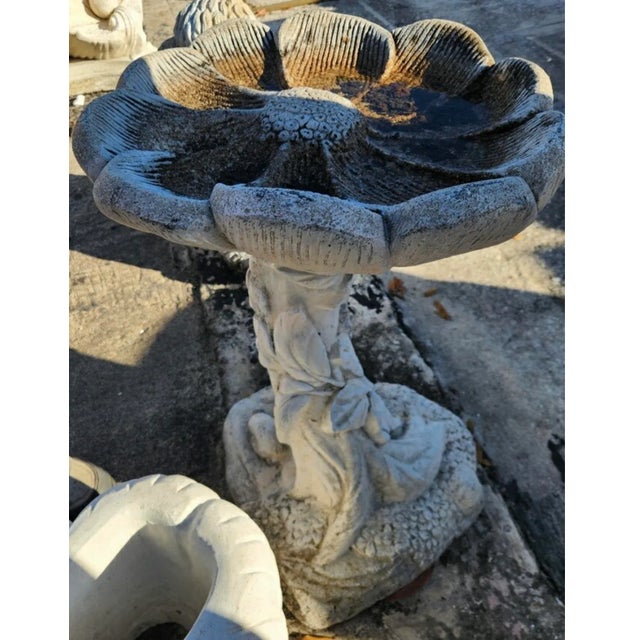 Oyster Gray Vintage Boho Cast Concrete Flower Bird Bath For Sale - Image 8 of 10