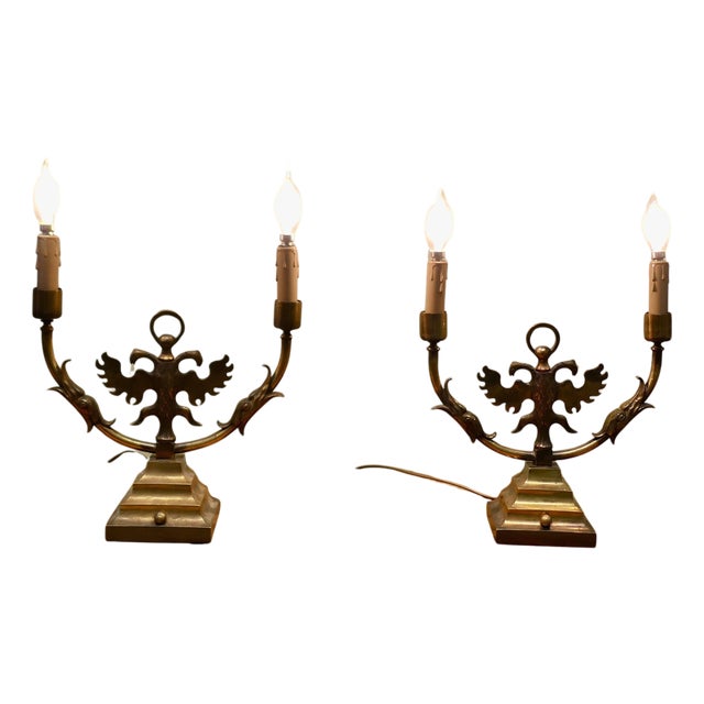 Arts and Crafts Gothic Brass Twin Table Lamps, 1910, Set of 2 For Sale