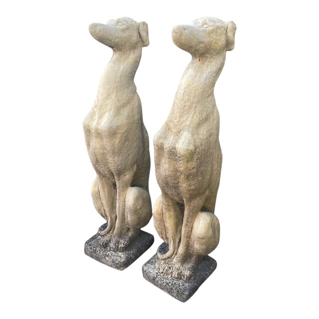 Pair of Cast Stone Seated Greyhound Garden Statues For Sale