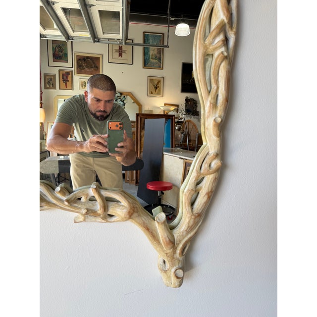 Wood 1970’s Italian Coastal Carved Branch - Faux Bois Wood Wall Mirror For Sale - Image 7 of 12