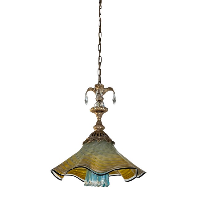 Antique Murano and LaChaussee Art Glass Shades Ormolu Metal Pendant Light For Sale