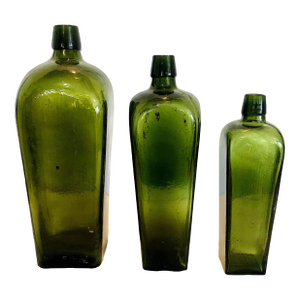 19th-Century Three-Piece Dark Green “Case Gin” Glass Bottle Collection