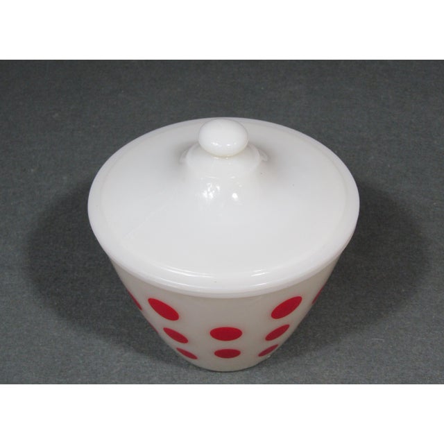 Mid-Century Modern Vintage Fire King White Milk Glass Red Dot Grease Jar With Lid For Sale - Image 3 of 8