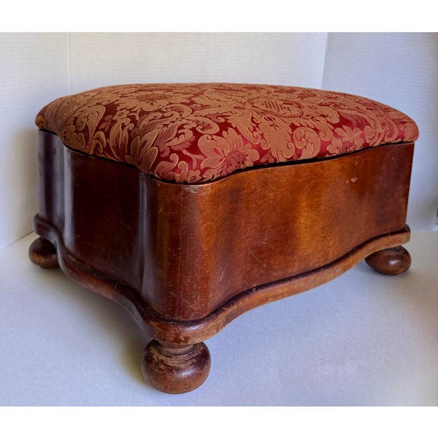 Antique Upholstered Wood Serpentine Storage Footstool on Bun Feet For Sale - Image 9 of 12