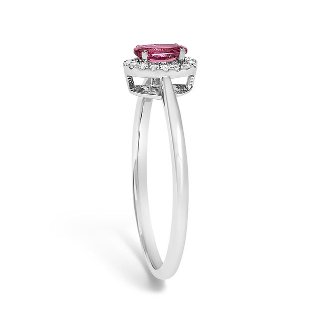 Early 21st Century 10K White Gold 5X3MM Oval Pink Tourmaline and Diamond Accent Halo Ring (I-J Color, I1-I2 Clarity) - Ring Size 5 For Sale - Image 5 of 7