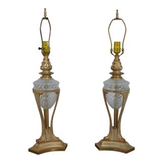Pair Regency Style Metal & Glass Urn Table Lamps For Sale