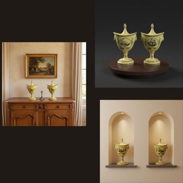 Vintage Mottahedeh Creil Style Chestnut Urns Pair-Yellow Black-Italy-Neoclassic For Sale - Image 11 of 11
