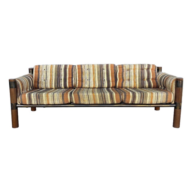 1970s Vintage Brutalist Wood, Brass, and Striped Upholstered Sofa For Sale