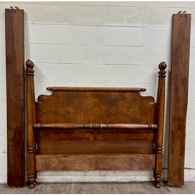 This is a gorgeous antique American Empire style full-size four-poster bed featuring a richly figured burl-grain...