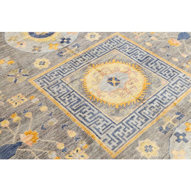 Modern Khotan Style Handmade Wool Rug - Slate Grey & Ochre Geometric Design For Sale - Image 9 of 10