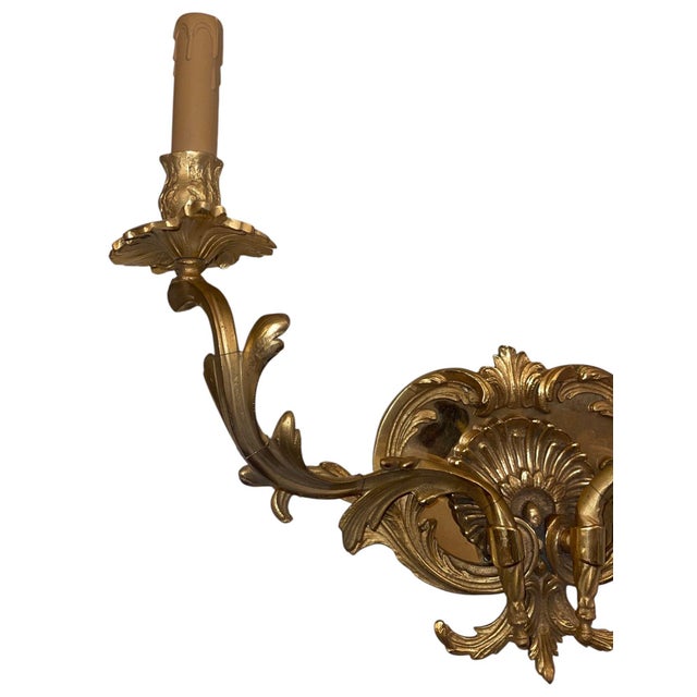 Gold Mid 20th Century Pair of French Gilt Bronze Louis XV Style Two-Light Wall Sconces For Sale - Image 8 of 9