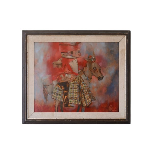 Charming mid century painting depicting what seems to be a general or some high-ranked military figure on a horse and...