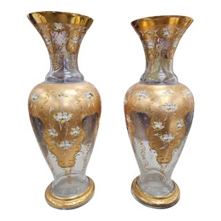 Pair of Mid 20th Century Barbini, Murano Gilt and Polychrome Enameled Large Glass Vases For Sale