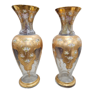 Pair of Mid 20th Century Barbini, Murano Gilt and Polychrome Enameled Large Glass Vases