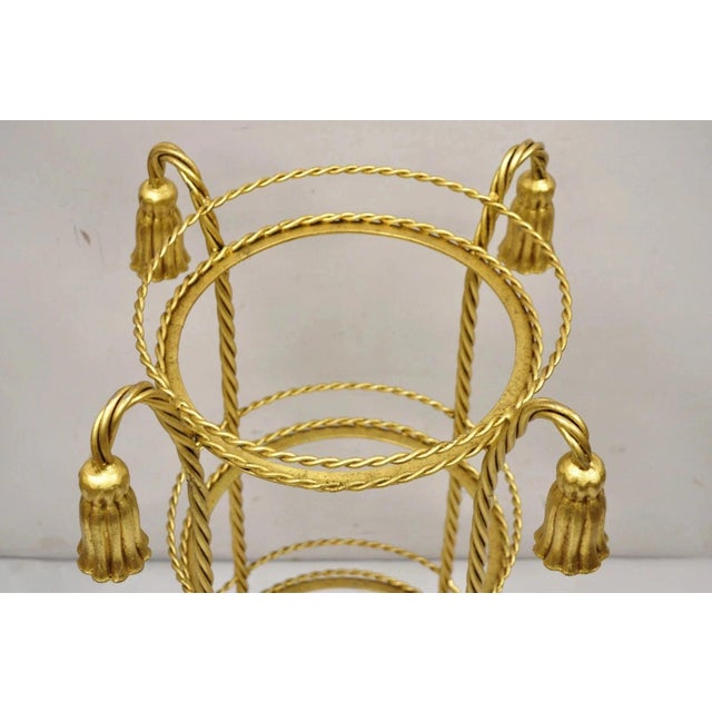 Mid 20th Century Italian Hollywood Regency 3 Tier Gold Iron Rope Tassel Stand Side Tables - Pair For Sale In Philadelphia - Image 6 of 10