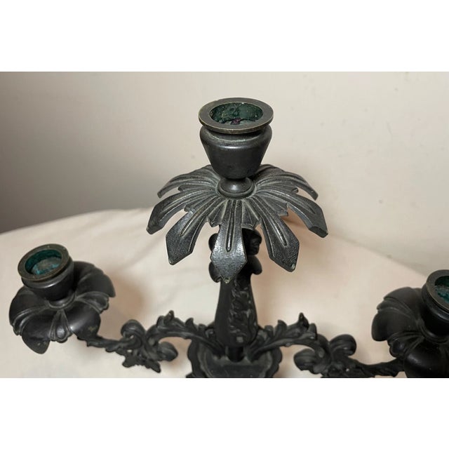 Pair of Antique 1800's Solid Patinated Bronze Candelabra Candle Holders Heavy For Sale In New York - Image 6 of 10