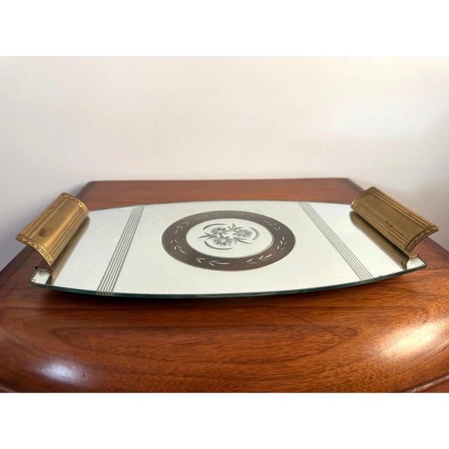 Glass Vintage Etched Glass and Brass Tray With Floral Medallion, Art Deco Era For Sale - Image 7 of 8