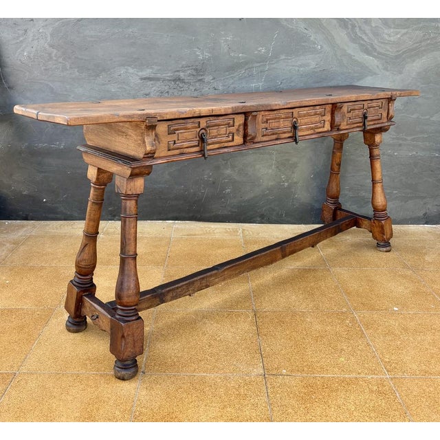 Brown Spanish Renaissance Revival Three-Drawer Console Table, 1920 For Sale - Image 8 of 18