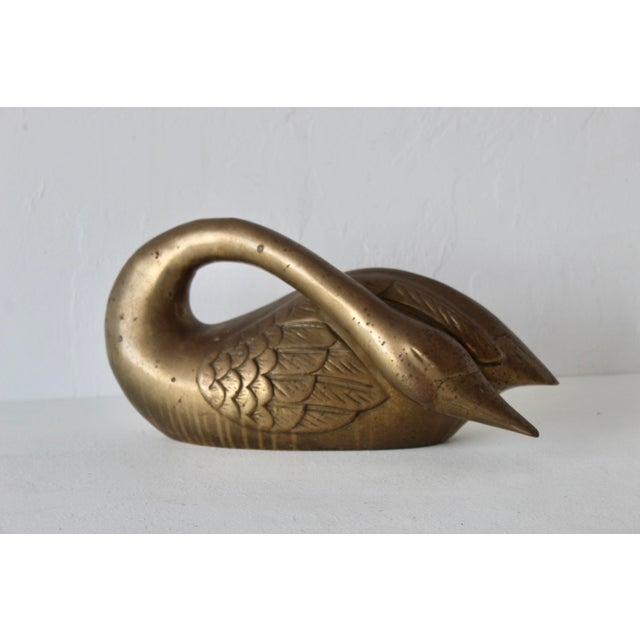 Metal 1970s Stylized Brass Swan Sculpture Patina Mid Century Hollywood Regency For Sale - Image 7 of 10