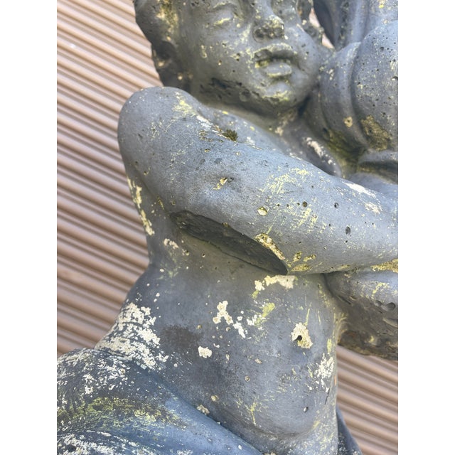 1940s Pair of Grand 39" Tall Neoclassical Cast Stone Putti Figure Planters With Mossy Patina For Sale - Image 4 of 14