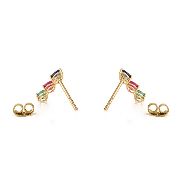 Metal Natural Emerald Ruby & Sapphire Stud Earrings in 14k Gold- 2 Pieces For Sale - Image 7 of 11