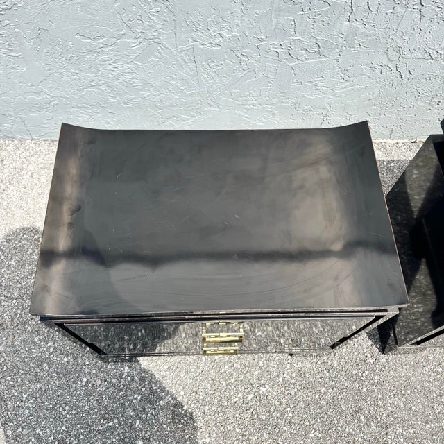 Chinoiserie Chinoiserie Black Gloss Laminate Nightstands With Gold Accents - A Pair For Sale - Image 3 of 11