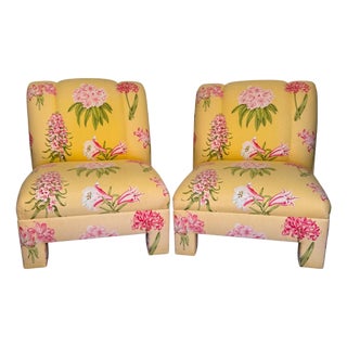 Pair of Palm Beach Regency Yellow Floral Slipper Chairs With Throw Pillows For Sale