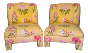 Pair of Palm Beach Regency Yellow Floral Slipper Chairs With Throw Pillows