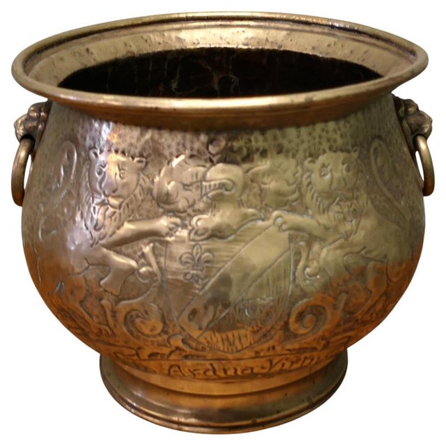 Metal 19th Century Gothic Brass Jardiniere with Shields For Sale - Image 7 of 7