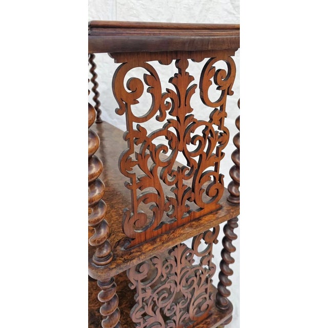 Victorian 1840s Burl Walnut Three-Tier Display Shelf Stand With Tooled Leather Top For Sale - Image 12 of 12