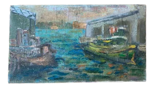 Early 20th Century "Tugboats in Harbor" Maritime Scene Oil Painting