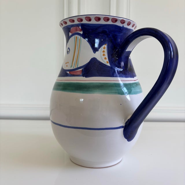 Blue Vintage Coastal Casa Fina Hand Painted Fish Pitcher For Sale - Image 8 of 10