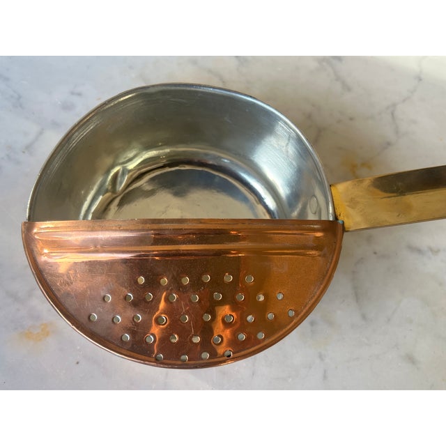 Vintage Tinned Copper Pot With Strainer & Brass Handle For Sale - Image 4 of 9