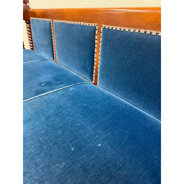 Antique Jacobean Revival Blue Velvet Upholstered Oak Hall Settee Daybed Bench For Sale - Image 12 of 18