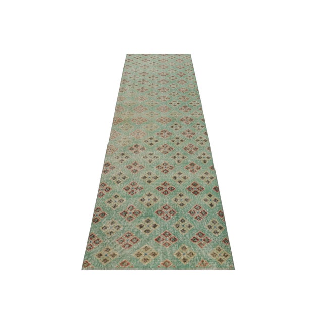 Rug & Kilim Vintage Turkish Runner Rug, Green & Red With Diamond Patterns – Rug & Kilim For Sale - Image 4 of 8