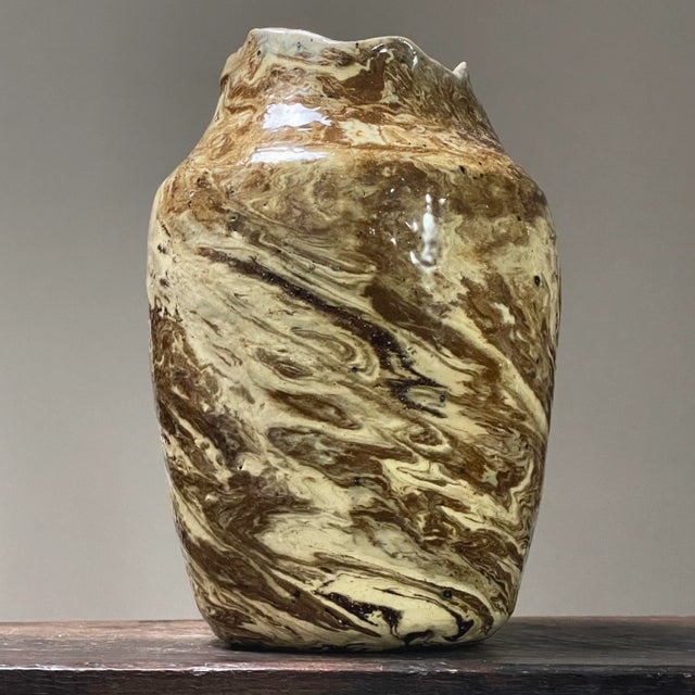 Mid Century Modern Marbleized Studio Ceramic Vase With Organic Edge Rim, Signed For Sale - Image 10 of 10