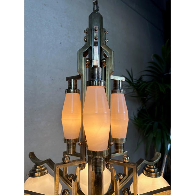 Art Deco Chandelier in Opaline and Brass, 1930s For Sale - Image 11 of 18