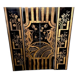 Art Deco 4-Panel Black Lacquer & Gilt Screen, Attributed to Paul Fehér, 20th C. For Sale
