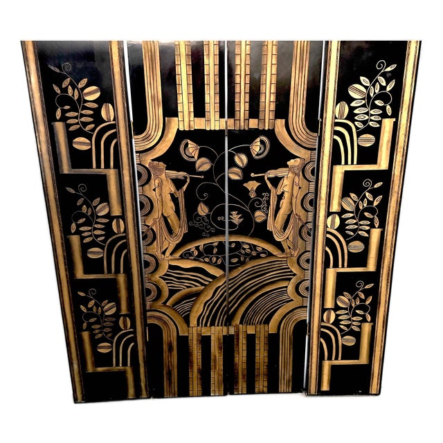 Art Deco 4-Panel Black Lacquer & Gilt Screen, Attributed to Paul Fehér, 20th C. For Sale