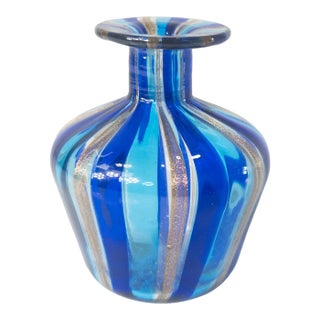 Mid Century Modern Italian Murano Glass Small Blue and Gold Vase For Sale